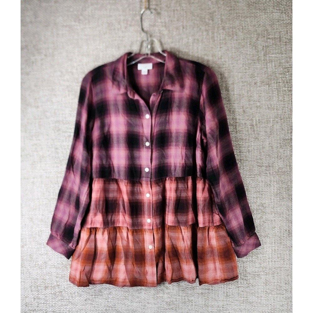 J.Jill Plaid Tiered Lightweight Flannel Button‎ Shirt Womens S Purple Pink Ombre